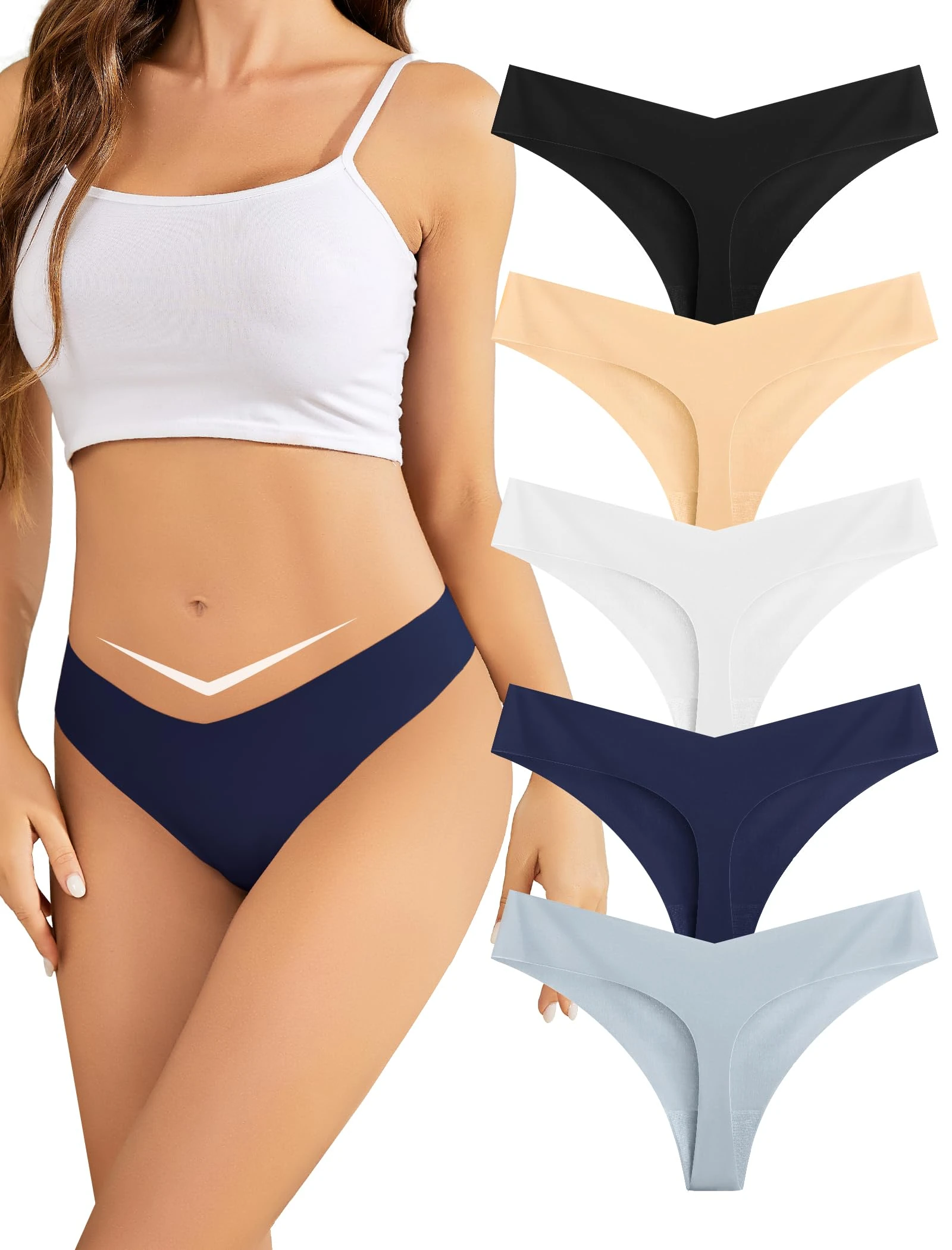 VOENXE Seamless Women Underwear Thongs,No Show Knickers for Ladies,V Waist Low Rise Pants,No VPL Comfortable Soft Panty,Multipack Invisible Sport Panties,Female T Back Gym Exercise Tanga Undies,5-Pack