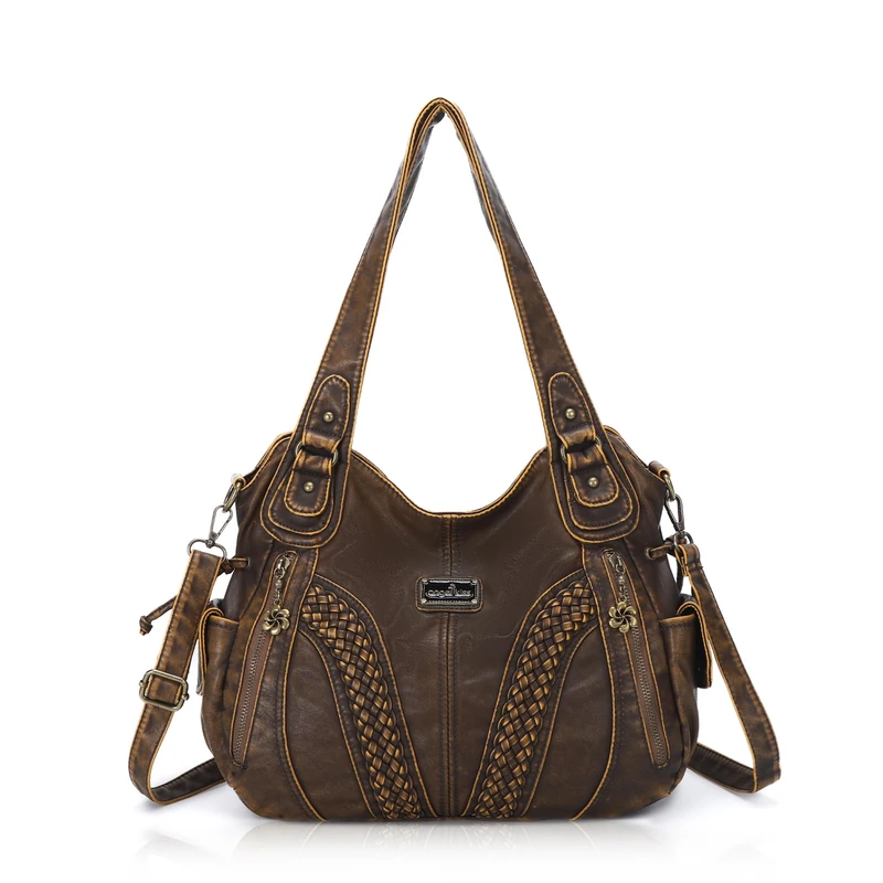 Angel Kiss Purses and Handbags Women Fashion Tote Bag Shoulder Bags Top Handle Satchel Purses Washed Synthetic Leather Handbag, Retro Brown-1, 13.8 * 4.7 * 11.8 inches