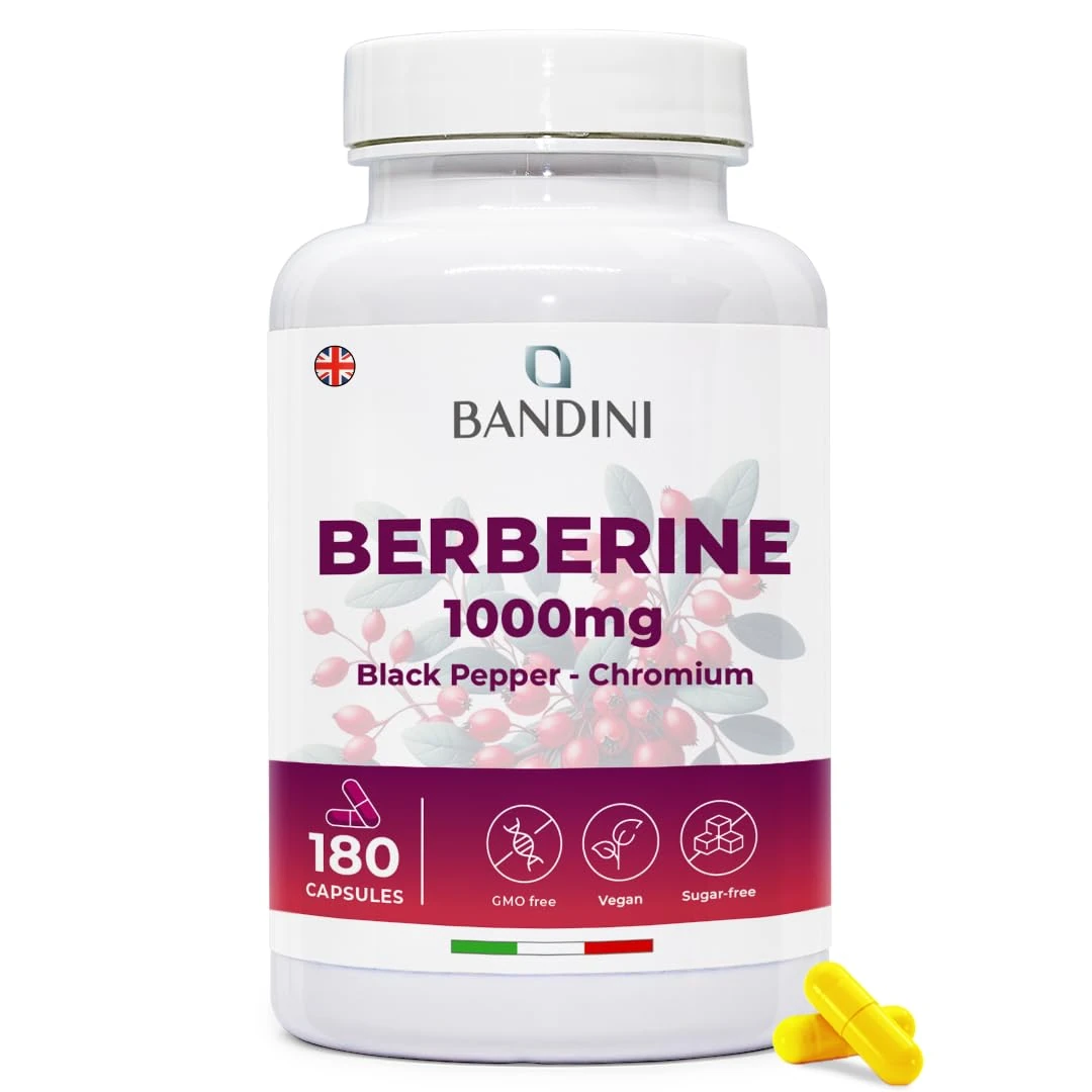 Bandini® Berberine 1000mg Pure high Dosage | 180 Vegan Capsules - Pure Berberin HCL from Berberis Aristata 97% + Chromium and Black Pepper | Maximum Absorption - Digestive, Liver, Intestinal Function