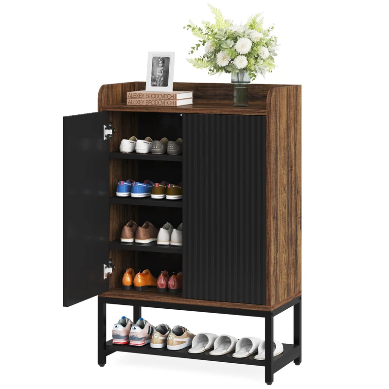 LITTLE TREE Shoe Cabinet with Doors, 5-Tier Wooden Shoe Storage Cabinet, Shoe Rack Organizer Cabinet for Entryway Hallway, Black and Brown