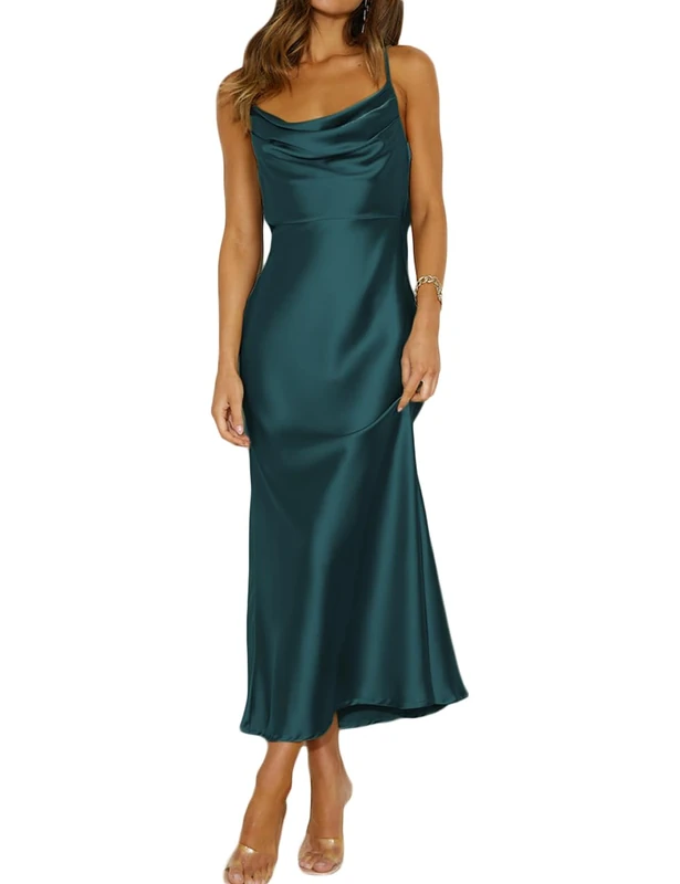 Mogidol Summer Satin Spaghetti Strap Cowl Neck Backless Midi Dresses for Women Elegant Tie Low Back Ruched Cocktail Dress, Deep Green, XL