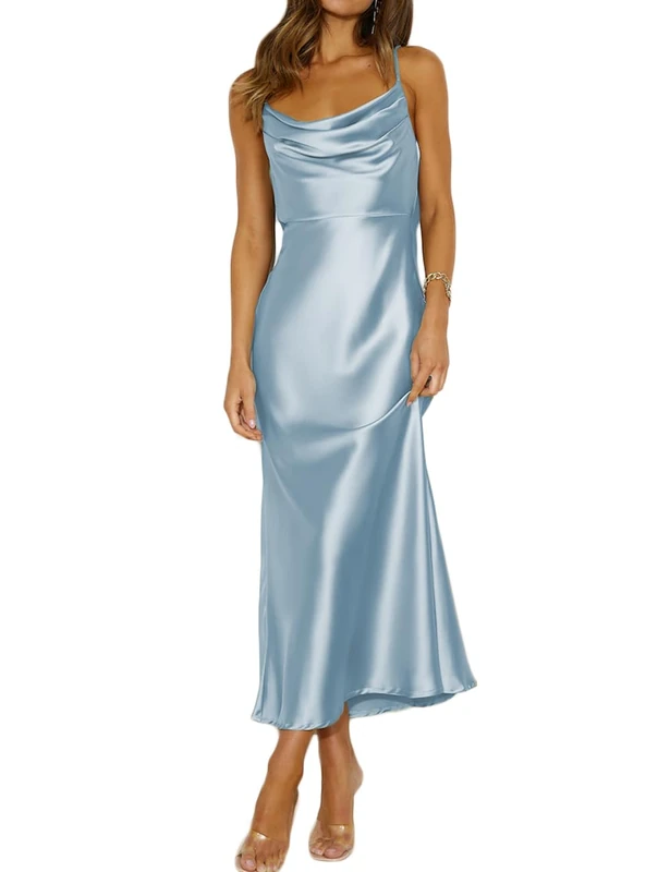 Summer Satin Spaghetti Strap Cowl Neck Backless Midi Dresses for Women Elegant Tie Low Back Ruched Cocktail Dress, Blue, M