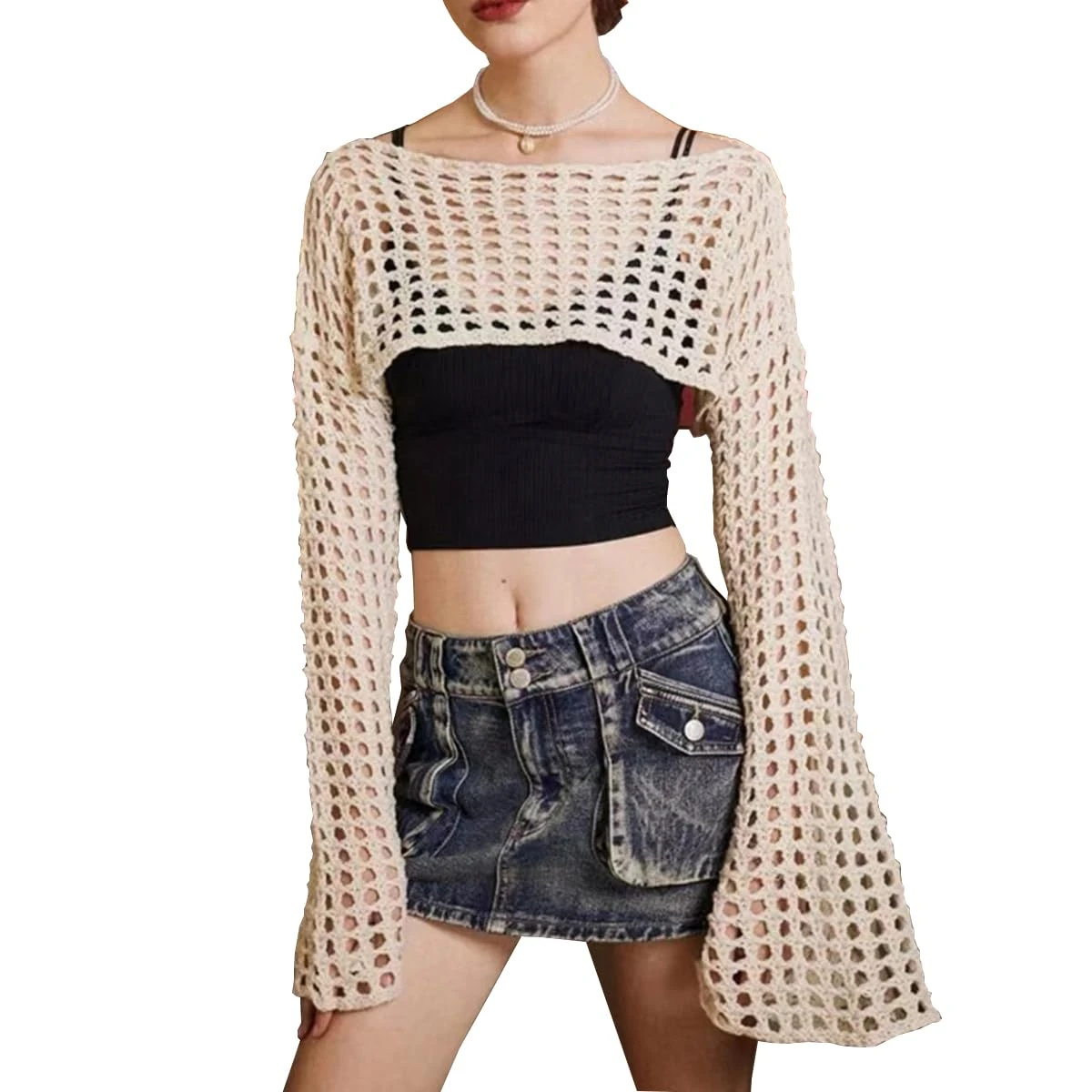 SNOMYRS Mesh Top Long Sleeve Y2k Crop Tops Crochet Shawl See Through Fishnet Shrug Knit Bolero Sweater Bikini Cover Ups