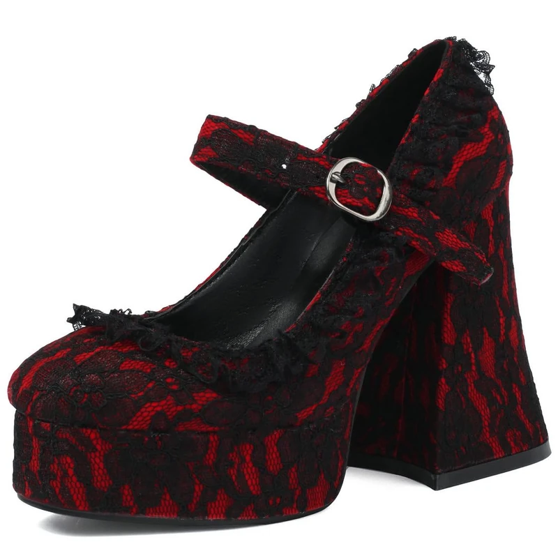 KOKOMOMO Womens Lace Flower Heels Goth Platform Shoes Chunky High Heel Mary Jane Heels Gothic Heels, Red, 8 UK