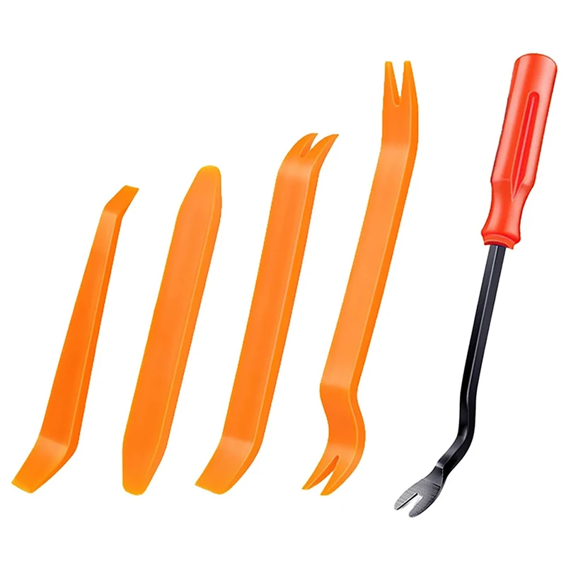 5 Pcs Trim Removal Tools, Pry Tools, Car Pry Tool Kit, Car Panel Door Audio Radio Stereo Removal Tools, Auto Clip Fastener Remover Pry Tool Set, Orange