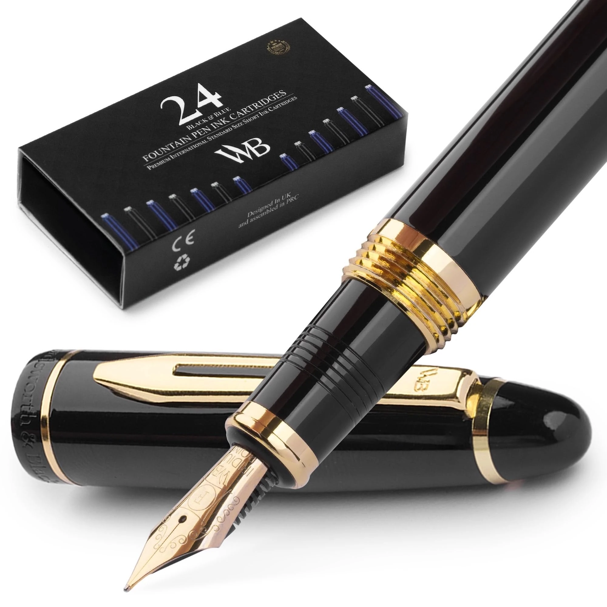 Wordsworth & Black Majesti Fountain Pen-(Black), Luxury Case, 24K Gold Finish; 18K Gilded Fine Nib-Ink Cartridges, Refillable Ink Converter-Calligraphy Pen-Best Business Gift Set for Men & Women