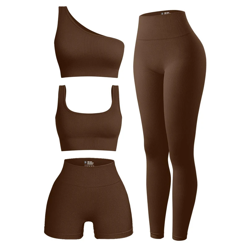 OIERD 4 Piece Workout Sets For Women Ribbed Leggings Clothes Yoga Sets Active Wear Matching Work Out Sets Gym Pilates Outfits, Brown, S