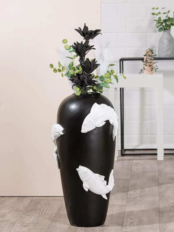 Casablanca Modernes Design Resin Koi Fish Floor Vase, Black, 73 cm H x 35 cm W x 35 cm D, Watertight, Living Room Decoration