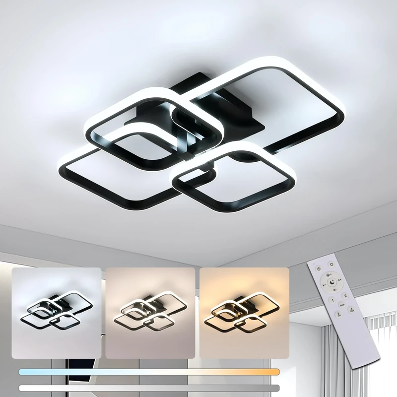 Comely Dimmable LED Ceiling Light, 48W Rectangle Design with Remote Control, Suitable for Living Room, Kitchen, Office (Black)