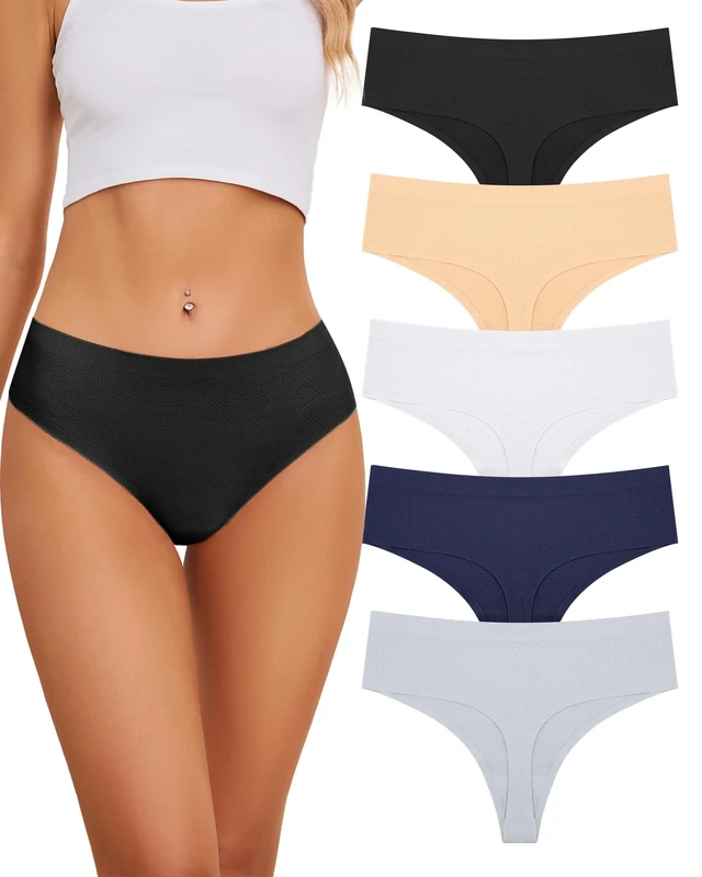 VOENXE Seamless Women Underwear Thongs,High Waisted Cut No Show Ladies Knickers,No Vpl Breathable Panties,Multipack High Rise Seamfree Comfortable Tanga,Female G-string Undies,5-Pack Multicolor XS