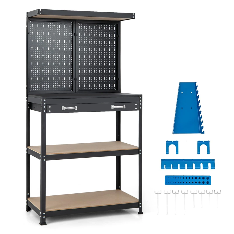 GiantexUK Workbench with Pegboard, Metal Frame Garage Work Bench with 13 Hanging Accessories, Drawer & 4-Tiers Shelves, Heavy Duty Tool Storage Station Unit for Warehouse Workshop (Blue + Black)