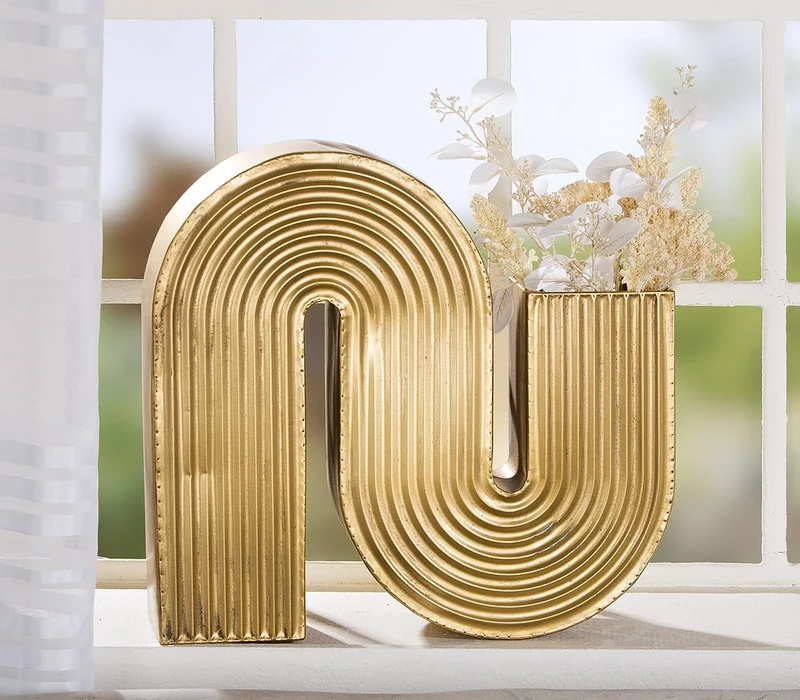 Casablanca Modern Decorative Vase with Grooves - Metal Groove Vase - Large Vase for Pampas Grass Decoration Living Room Gift Birthday Gift - Colour: Gold Width 45 cm