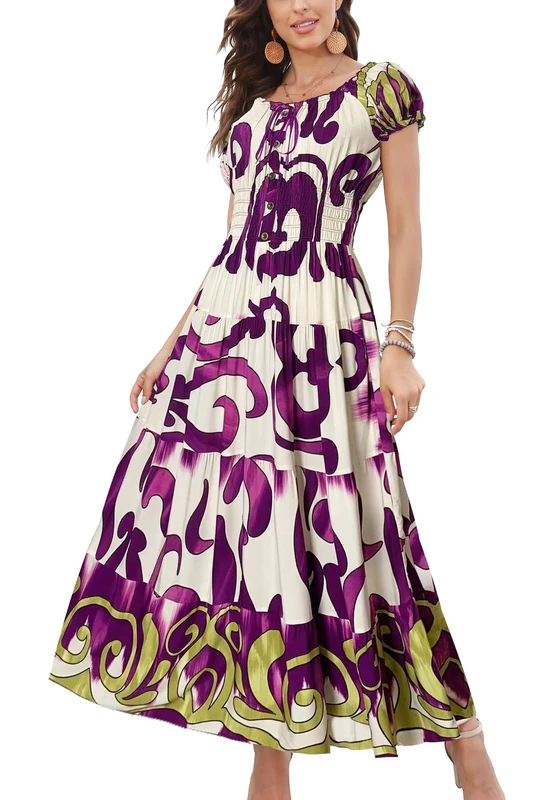 OSTOO Women's 2025 Summer Short Sleeves Boho Floral Print Tiered Casual Flowy Long Maxi Dress, Purple Flowers, L - Image 1