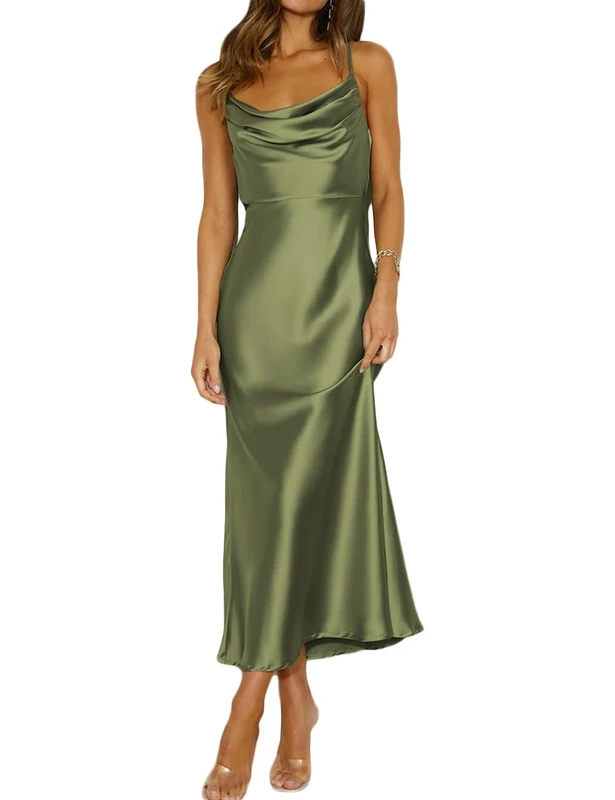 Mogidol Summer Satin Spaghetti Strap Cowl Neck Backless Midi Dresses for Women Elegant Tie Low Back Ruched Cocktail Dress, Olive, S