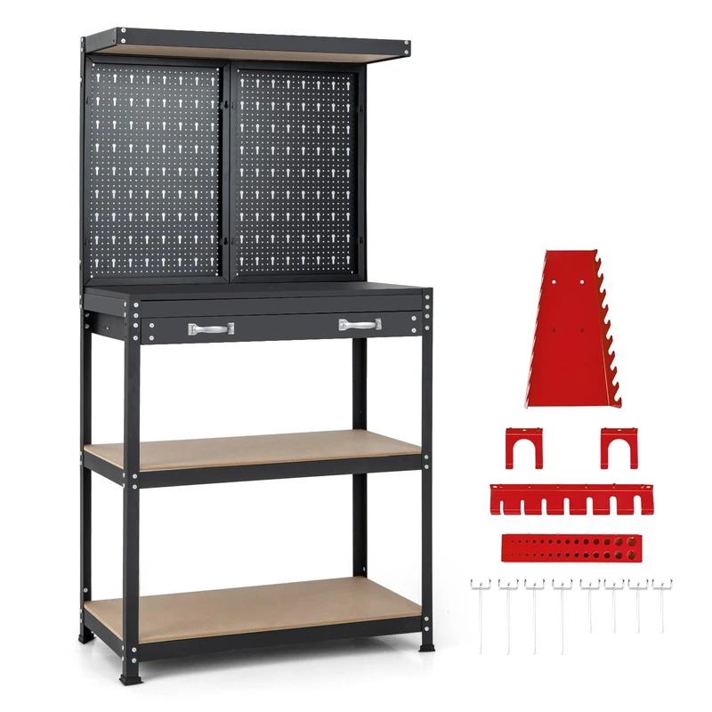 GiantexUK Workbench with Pegboard, Metal Frame Garage Work Bench with 13 Hanging Accessories, Drawer & 4-Tiers Shelves, Heavy Duty Tool Storage Station Unit for Warehouse Workshop (Red + Black)
