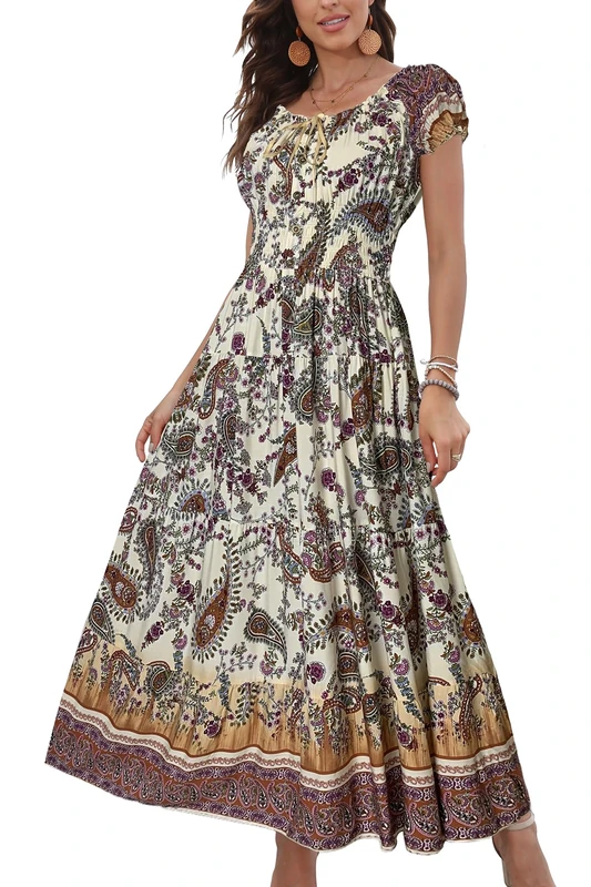 OSTOO Women's 2024 Summer Short Sleeves Boho Floral Print Tiered Casual Flowy Long Maxi Dress, Apricot Cashew Floral, M