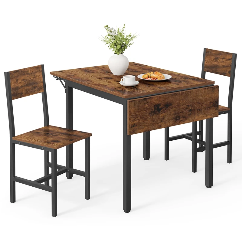 VASAGLE Extendable Dining Table with 2 Chairs, Dining Set, for Living Room, Kitchen, Steel Frame, Easy Assembly, Rustic Brown and Ink Black KDT078S03