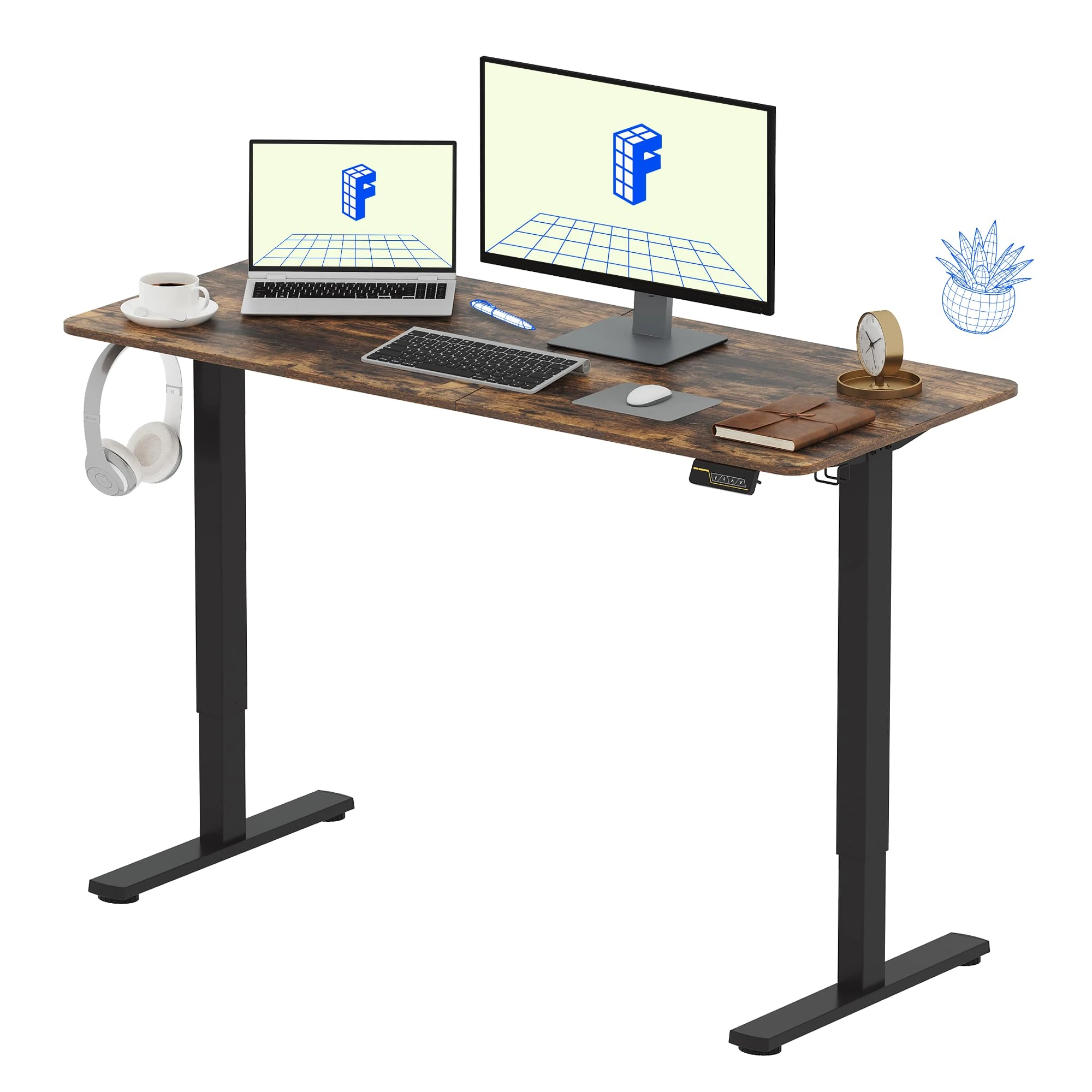 FLEXISPOT 140 * 60cm Electric Standing Desk Adjustable Sit Stand Up Computer Desk with Hook Memory Function for Office and Home (Rustic brown+Black)
