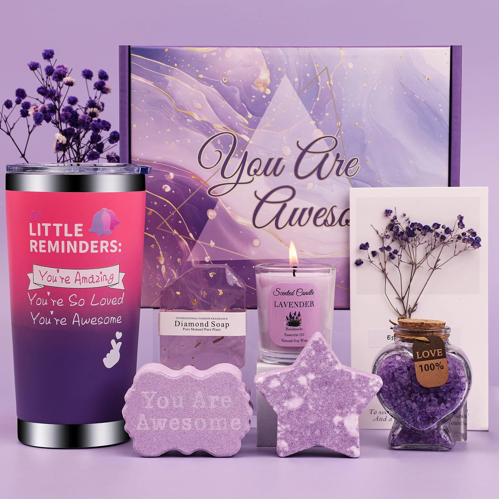 Lavender Pamper Gifts for Women, Unique Bath Sets Self Care Package for Her, Get Well Soon Relaxing Spa Present, Ladies Pamper Hamper Christmas Birthday Gifts for Mum Wife Friend