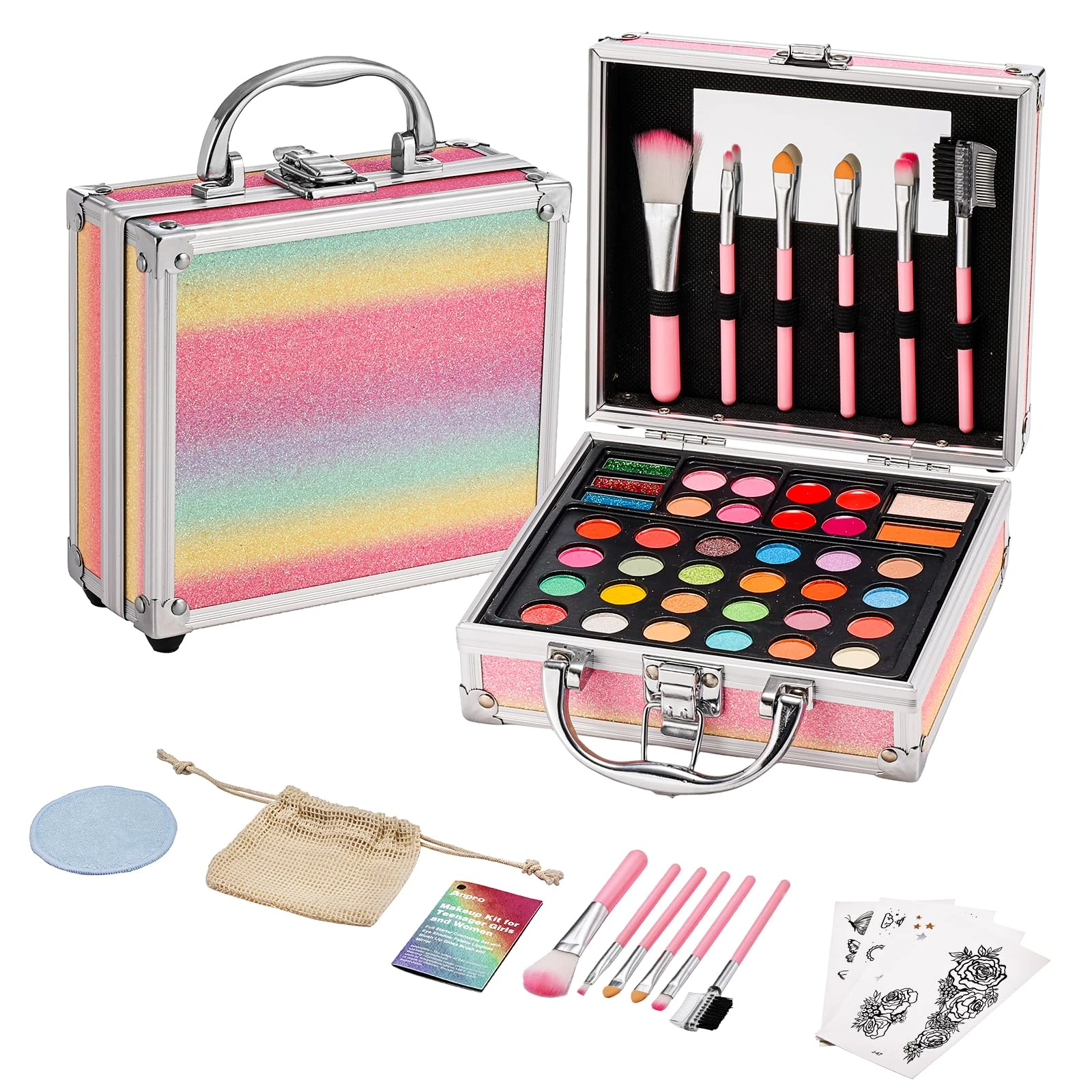 Anpro All-in-One Makeup Carry Case with Pro Teen Makeup Set, Full Starter Cosmetics Kit with Makeup Brushes, Eye Shadows Palette, Blushes, Glitter Gel, Temporary Tattoo Stickers - Colorful
