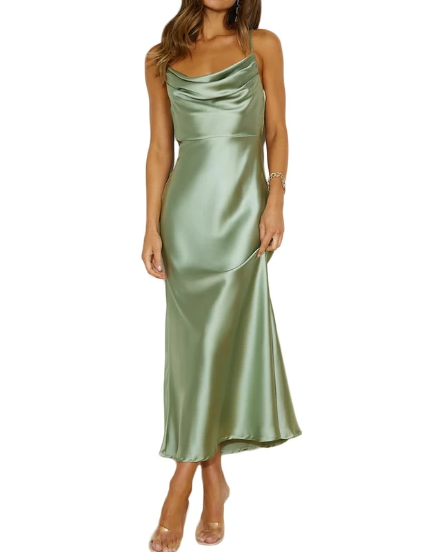 Mogidol Summer Satin Spaghetti Strap Cowl Neck Backless Midi Dresses for Women Elegant Tie Low Back Ruched Cocktail Dress, Sage, M