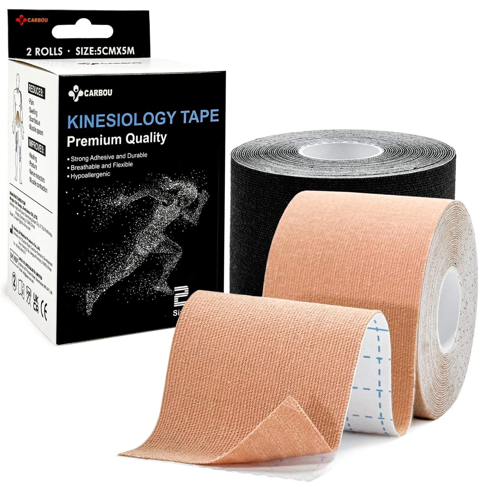 Carbou Kinesiology Tape 5cmx5m-2 Rolls Water Resistant Strips,Elastic Cotton Athletic Tape for Muscle Strain Relief & Joint Support Beige and Black