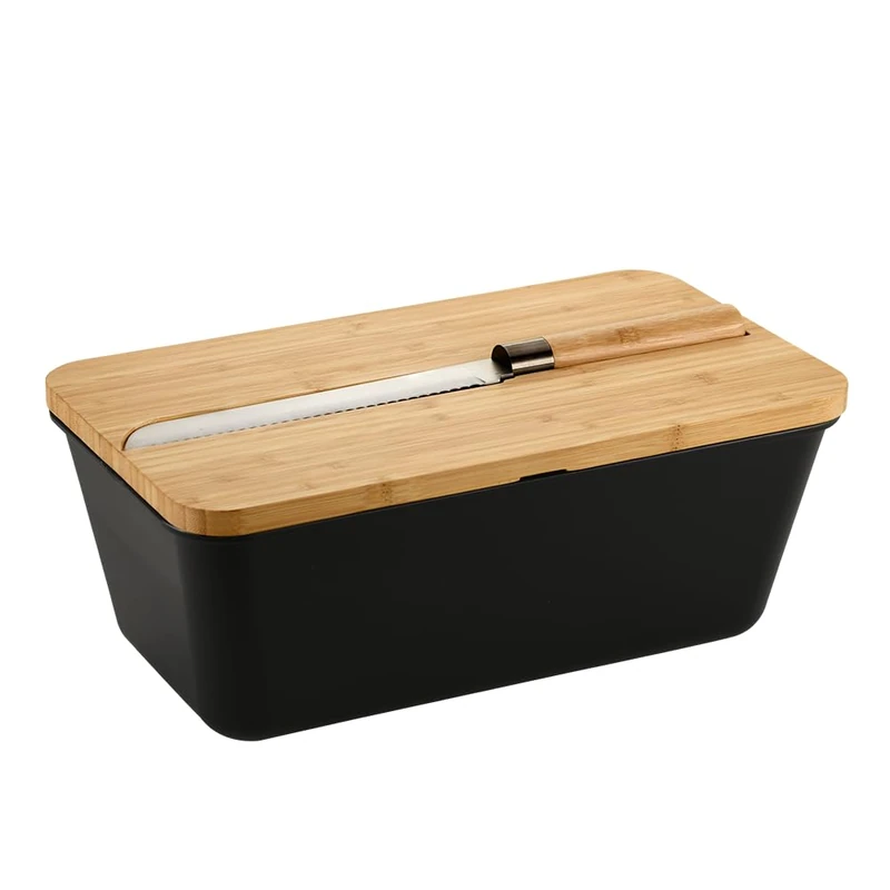 Kesper Bread Box with Knife, Material: Plastic, Bamboo, Dimensions: 34.8 x 20 cm/Height: 15.5 cm, Colour: Black, Brown, 58481