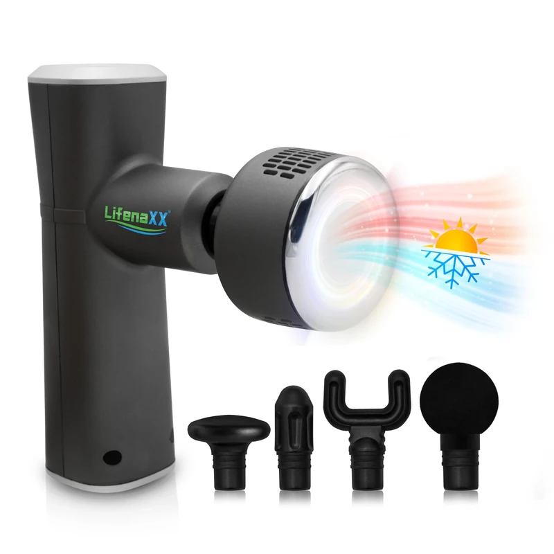 Lifenaxx Massage Gun Deep Tissue, 3 Heating & Cooling Levels, 5 Heads, 4 Massive Levels, USB-Charged, 2000 mAh - Use After Sports & Daily - Mini Handheld Massager for Body, Muscles LX-041