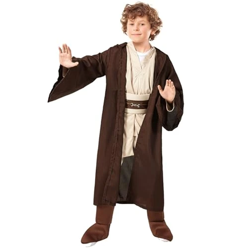 SINSEN 5PCS Kids Jedi Costume Obi Wan Hooded Robe Cloak Kenobi Tunic Top Pant Belt Uniform Set Fancy Dress Cosplay for Halloween Party Boys Girls Child