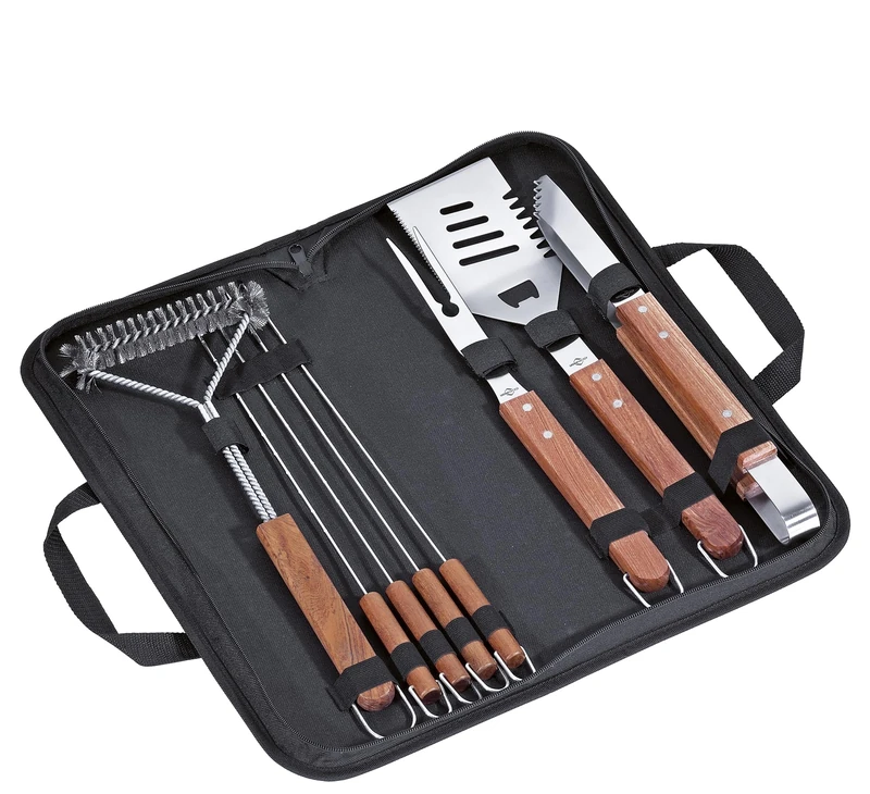 Küchenprofi Texas BBQ Set 8-Piece Stainless Steel Barbecue Accessory Set Consisting of Meat Fork, Barbecue Tongs, Grill Spatula, Grill Brush, 4 Skewers, Wooden Handles, in Black Nylon Bag