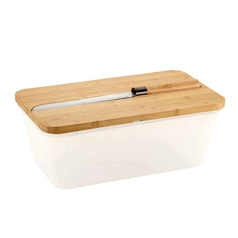 Kesper Bread Box with Knife, Material: Plastic, Bamboo, Dimensions: 34.8 x 20 / Height: 15.5 cm, Colour: White, Brown, 58480