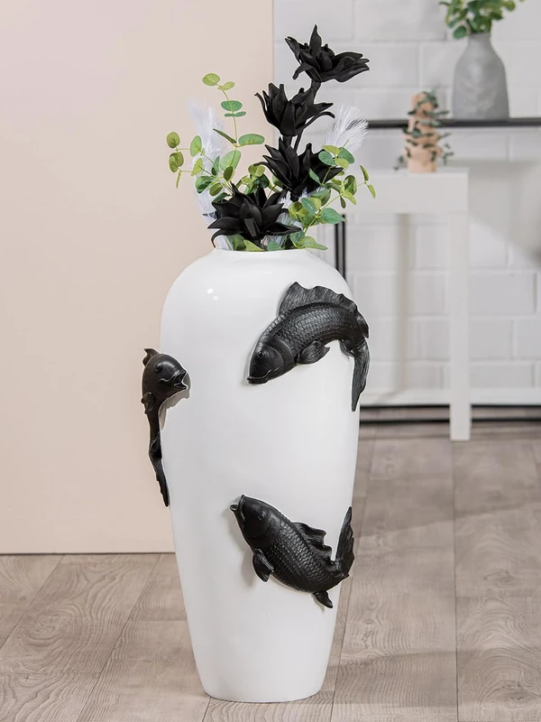 Casablanca Modernes Design Resin Koi Fish Floor Vase, White, Round, Watertight, Living Room Decoration, 73cm H x 35cm W x 35cm D