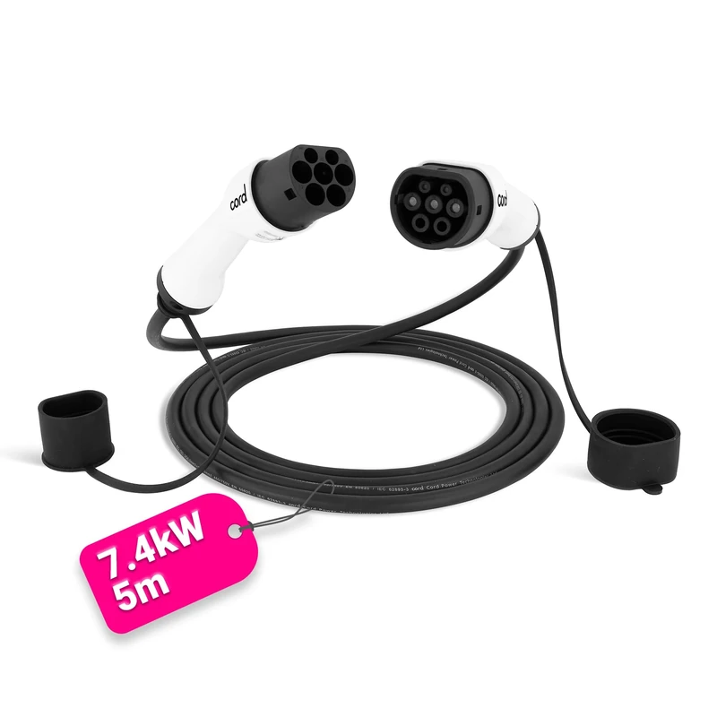 Cord Type 2 to Type 2 EV Charging Cable, 32amp, 7.4kW, 5 Metre, Single Phase, Black