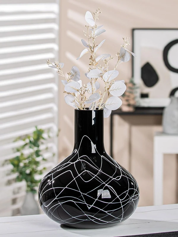 GILDE Decorative Vase Black White – Modern Decorative Glass Vase Flower Vase Handmade from Coloured Glass – Height 28 cm - Image 1