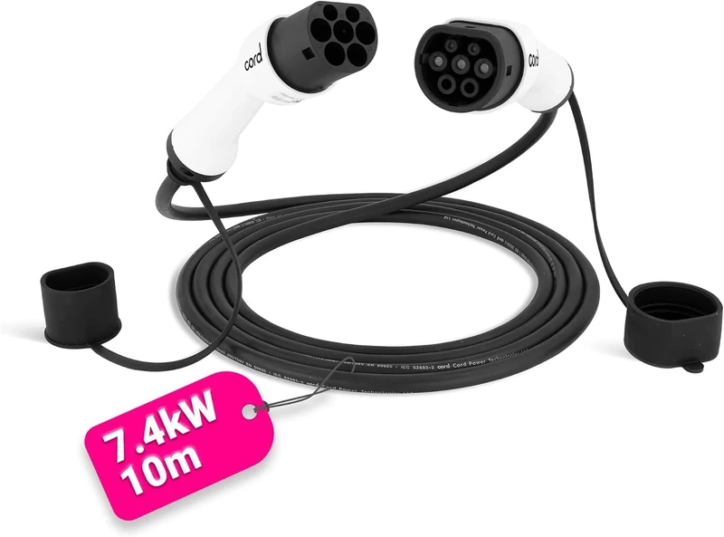 Cord Type 2 to Type 2 EV Charging Cable, 32amp, 7.4kW, 10 Metre, Single Phase, Black & White