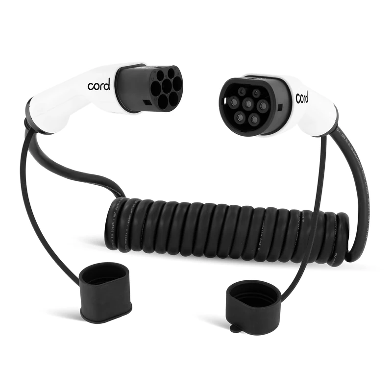 Cord Type 2 to Type 2 EV Coiled Charging Cable, 32amp, 22kW, 10 Metre (usable 8m), Three Phase