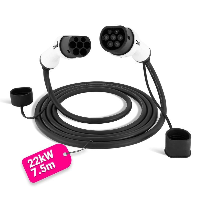 Cord Type 2 to Type 2 EV Charging Cable, 32amp, 22kW, 7.5 Metre, Three Phase