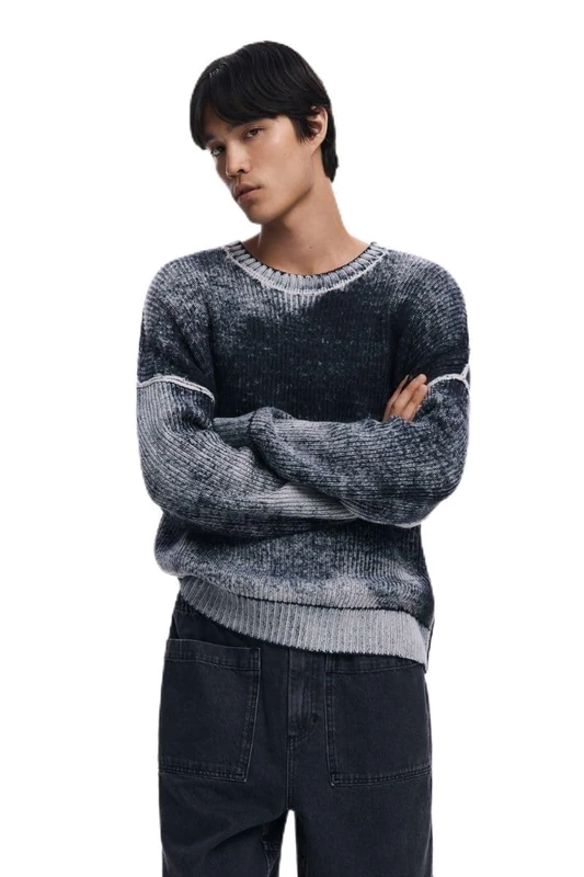 Desigual Men's Flat Knit Pullover Long Sleeve Sweatshirt, Black, M