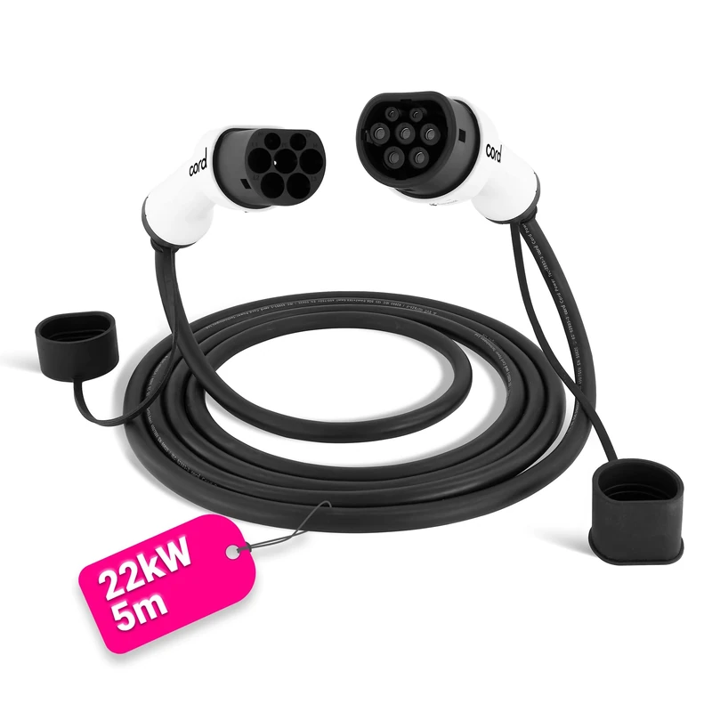 Cord Type 2 to Type 2 EV Charging Cable, 32amp, 22kW, 5 Metre, Three Phase, Black