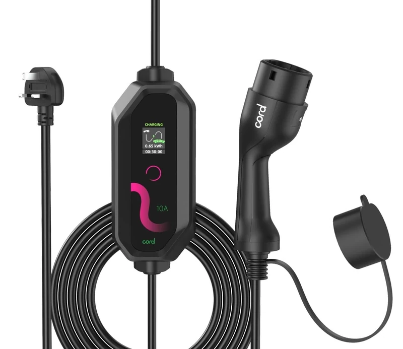 Cord Type 2 Portable EV Charger, 10 Metre, 230V 6A-8A-10A Max 2.3kW - Carry and Storage Bag Included, Black