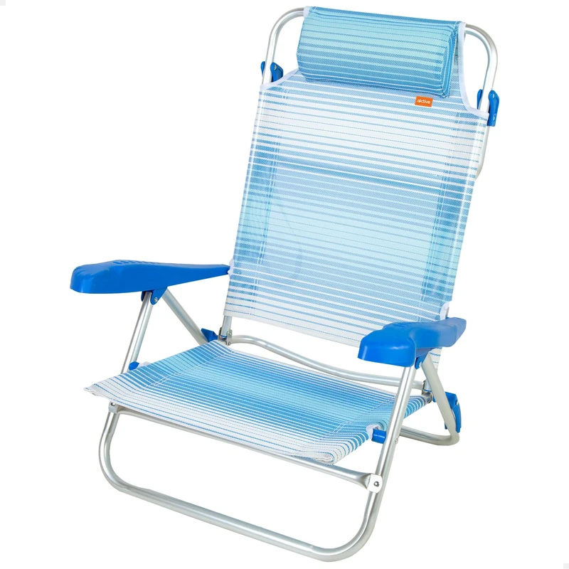 AKTIVE Folding Beach Chair, 8 Positions, Blue Stripes, 47 x 49 x 82 cm, with Padded Cushion, Carry Handles, Supports 110 kg, Beach Chairs, Multi-Position, Reclining Backrest - Image 1