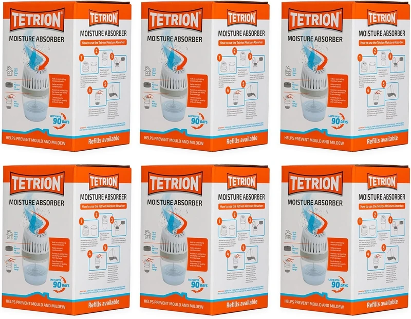 Tetrion Moisture Absorber - Prevents Condensation, Controls Moisture, Improves Air Quality - Advanced 360° Airflow, 20m² Coverage - Versatile and Easy-to-Use Solution (Pack of 6)