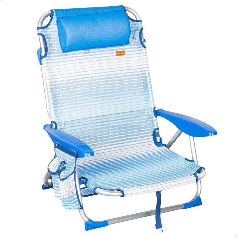 AKTIVE Folding Beach Chair, 4 Positions, Blue Stripes, 51 x 45 x 76 cm, Includes Padded Cushion, Side Pocket, Handles, Supports 110 kg, Anti-roll Stops, Multi-position, Reclining Backrest (62671)