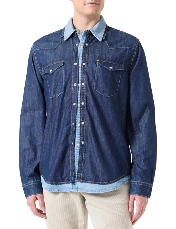 Desigual Men's Man Denim Shirt Long Sleeve T, Blue, L