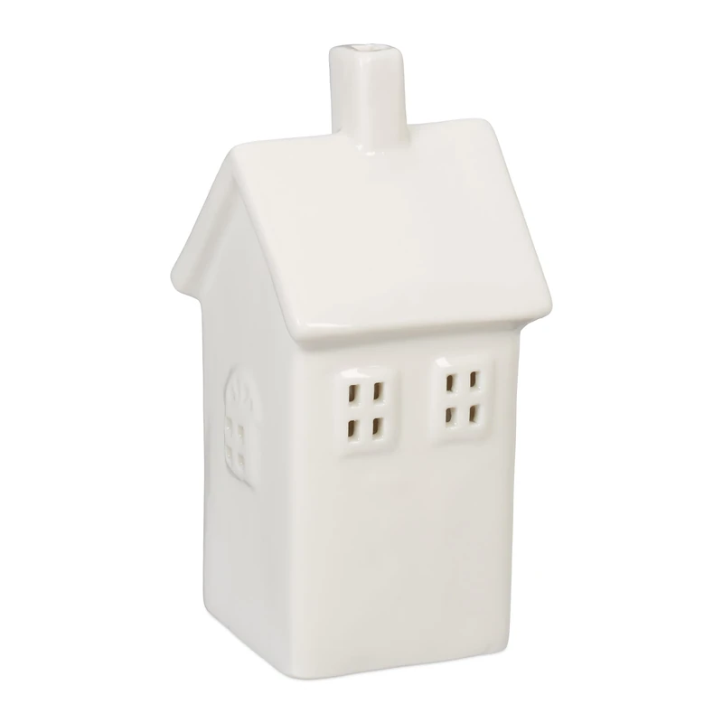 Relaxdays Tealight House Ceramic, Light Through Windows, for 1 Candle, HxWxD: 13.5 x 10 x 7 cm, Table Decoration, White, 13.5 x 6.5 x 7 cm