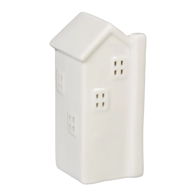 Relaxdays Tealight House Ceramic, Light Through Windows, for 1 Candle, HxWxD: 13.5 x 6 x 6 cm, Table Decoration, White