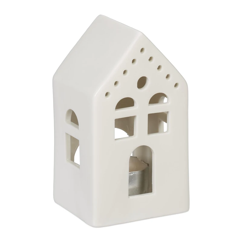 Relaxdays Tealight House Ceramic, Light through Windows, for 1 Candle, HxWxD: 12 x 6.5 x 6 cm, Table Decoration, White