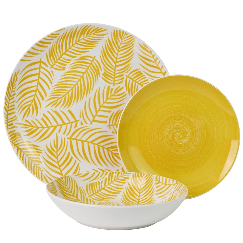 Vajilla 18 Pieces Porcelain Amarillo Hojas, Plato Llano: ø27 cm_Poster: °19 cm, Hondo: 20 x 4 cm - Image 1