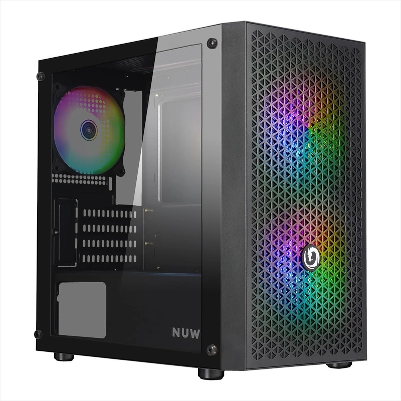 Nuwo Blitz R27 Black Micro-ATX Case for PC Desktop Office Gaming Mini Tower 0.50 mm SPCC, 3 FRGB Fans (Fixed Rainbow Lighting), Mesh Front and Side Panel in Tempered Glass