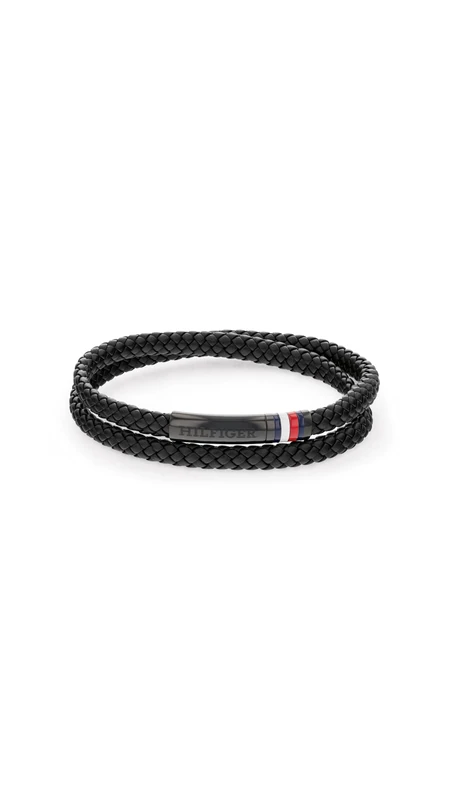 Tommy Hilfiger Jewelry Men's Bracelet with Double-Wrap Braided Black Leather - 2790552